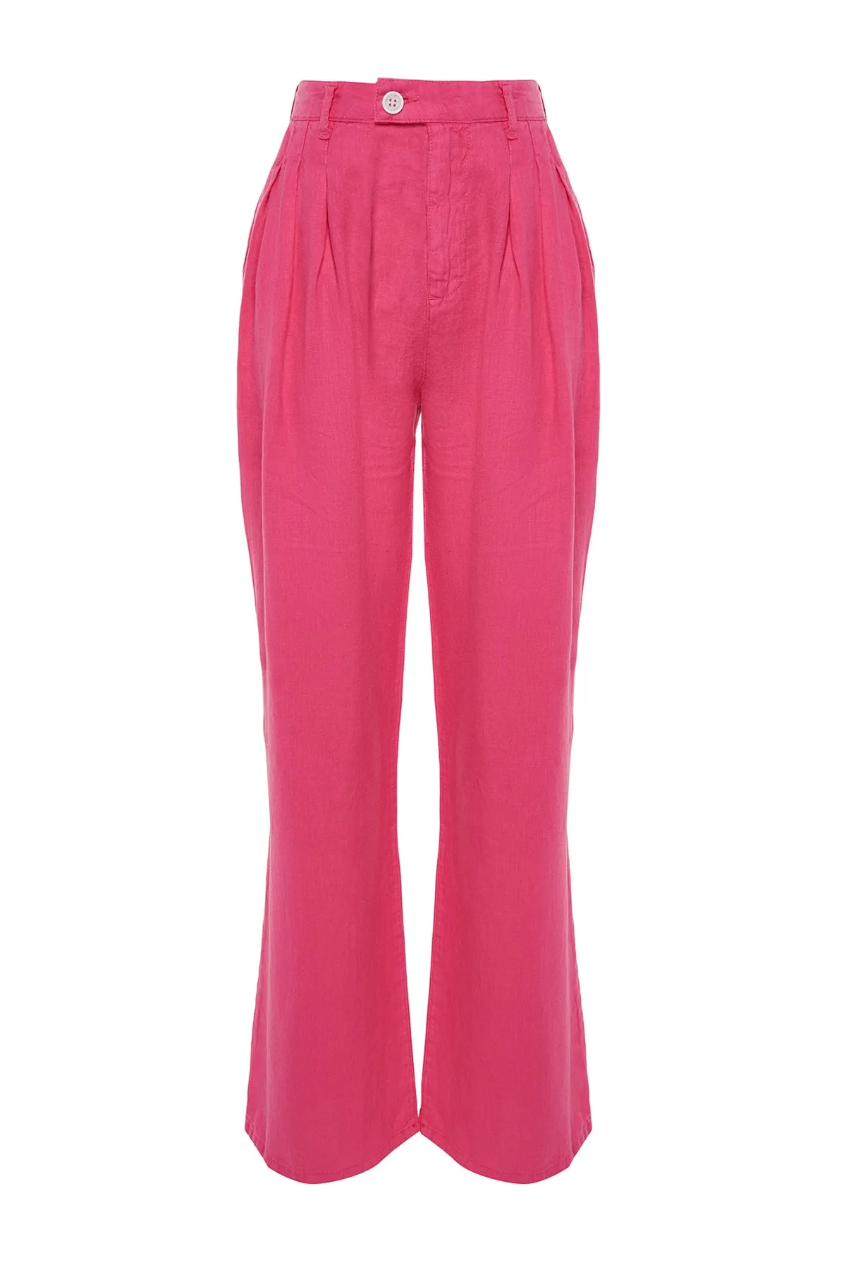 Trendyol Collection  Rosa Plissierte Hose aus 100 % Leinen mit hoher Taille und weitem Bein TWOSS23JE00294