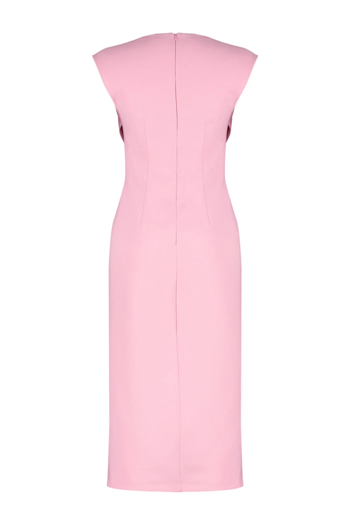 Trendyol Collection  Rosafarbenes, figurbetontes, gewebtes Midikleid mit V-Ausschnitt und Schlitz und detailliertem Schnitt TWOSS24EL00606