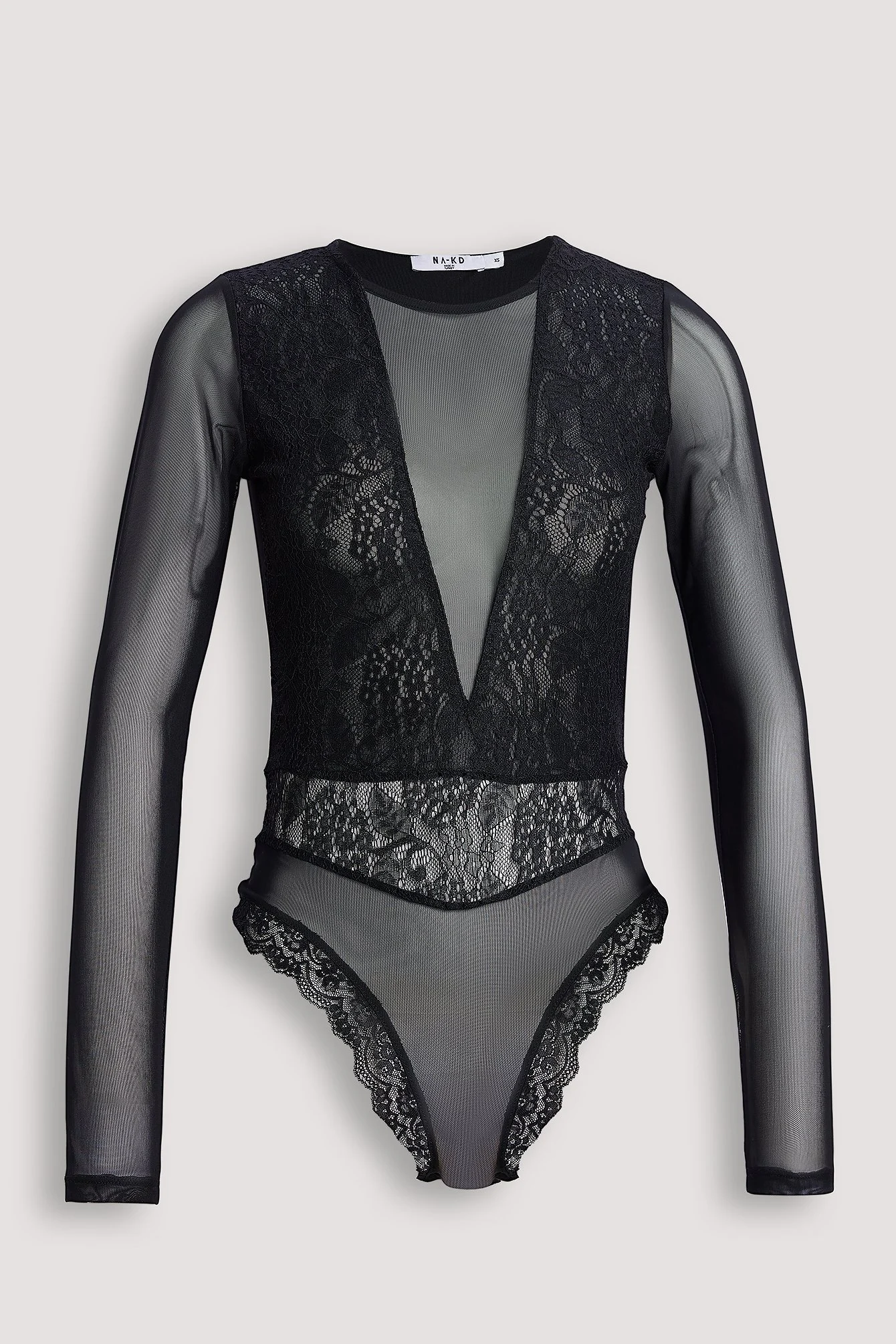 Recycelter Spitzen-Body mit Mesh-Ärmeln