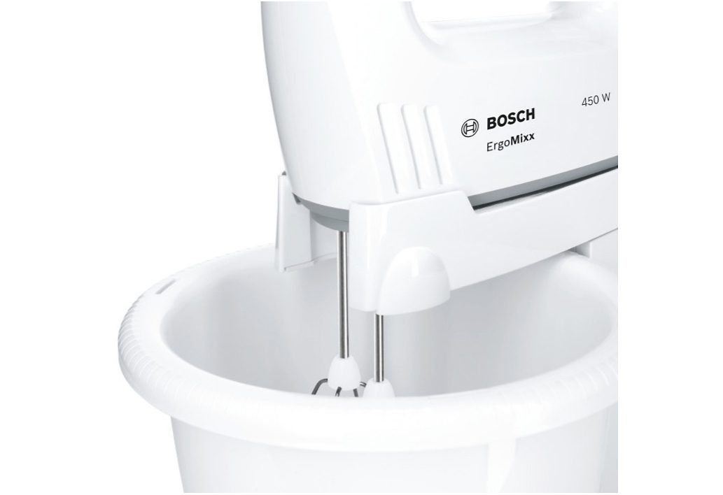 BOSCH Handmixer ErgoMixx MFQ36460, 450 W, 2 Rührbesen, 2 Edelstahl-Knethaken, Rührschüssel plus Halterung