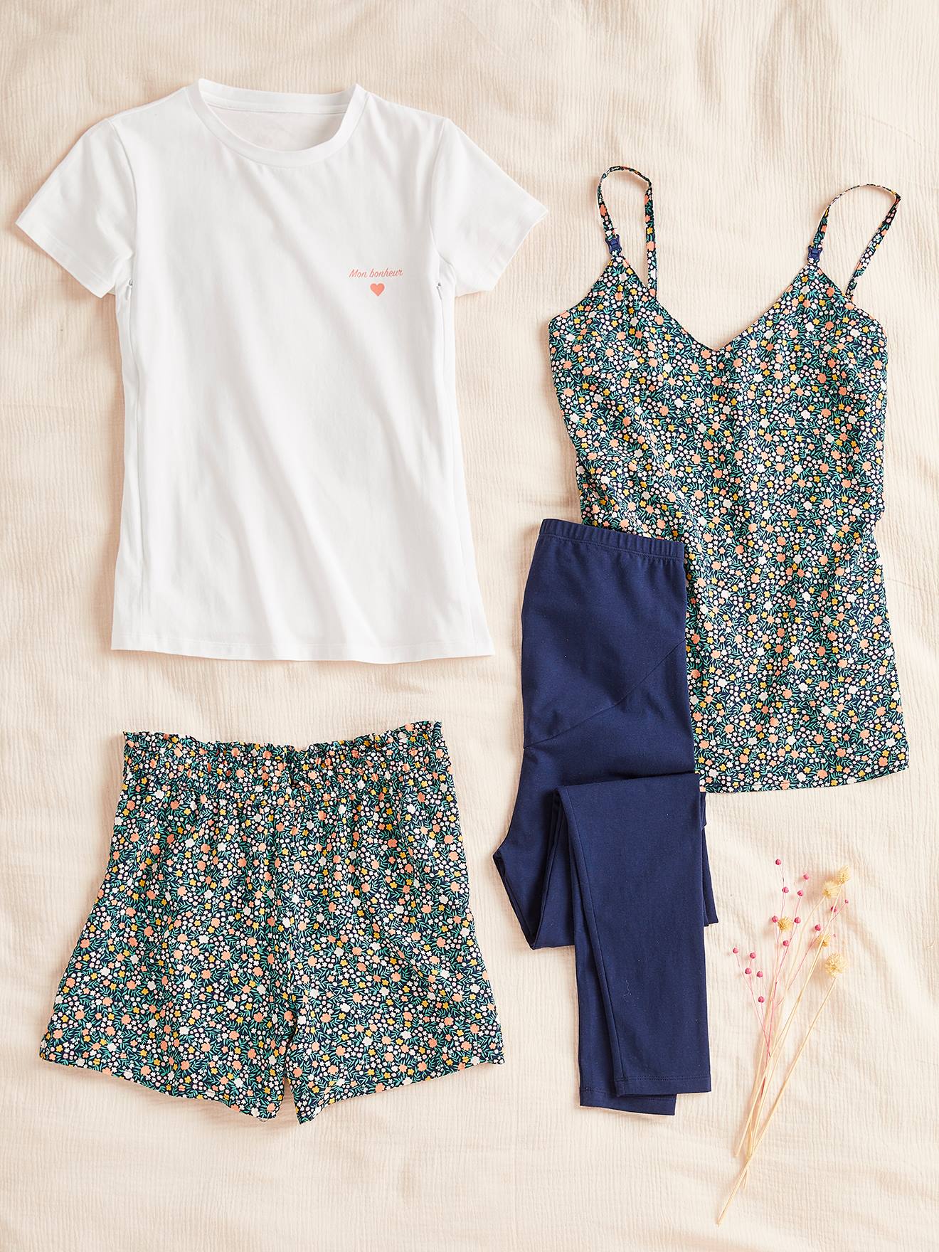 Ensemble 4 pièces homewear grossesse et allaitement pack pyjama fleuri