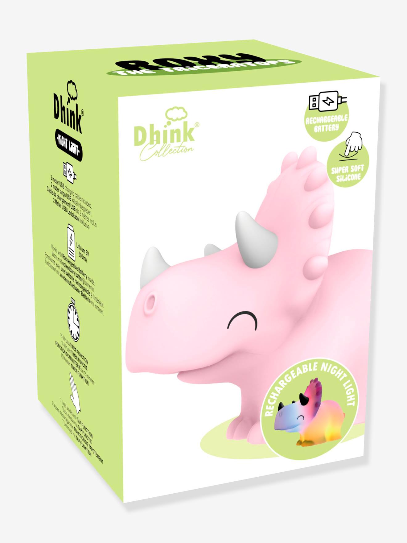 Softes Kinderzimmer Akku-Nachtlicht Triceratops ROXY DHINK - rosa
