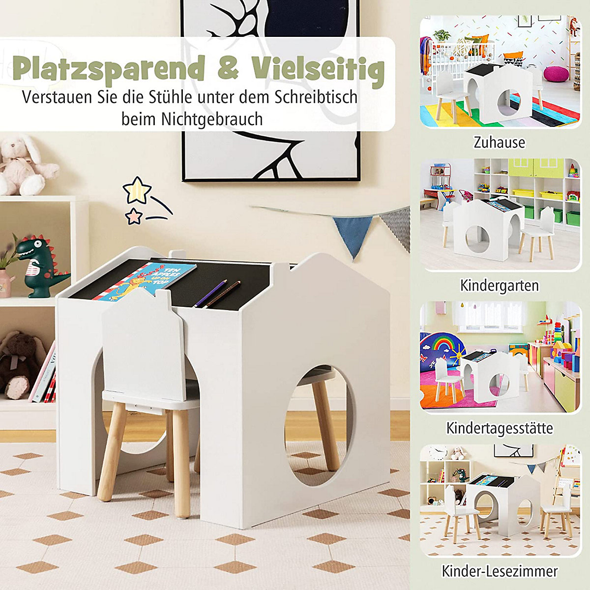 3tlg. Kinder Sitzgruppe Zeichentisch mit Tafel & Stauraum Hausform