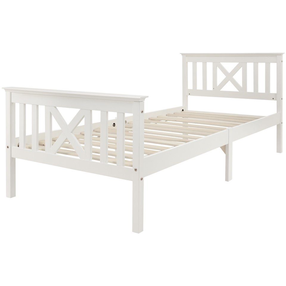 Fangqi Massivholzbett Einzelbett aus Bettgestell mit Lattenrost Holzbett mit Kopfteil, Massivholz Kinderbett, Jugendbett, Kiefer massiv, weiß/grau
