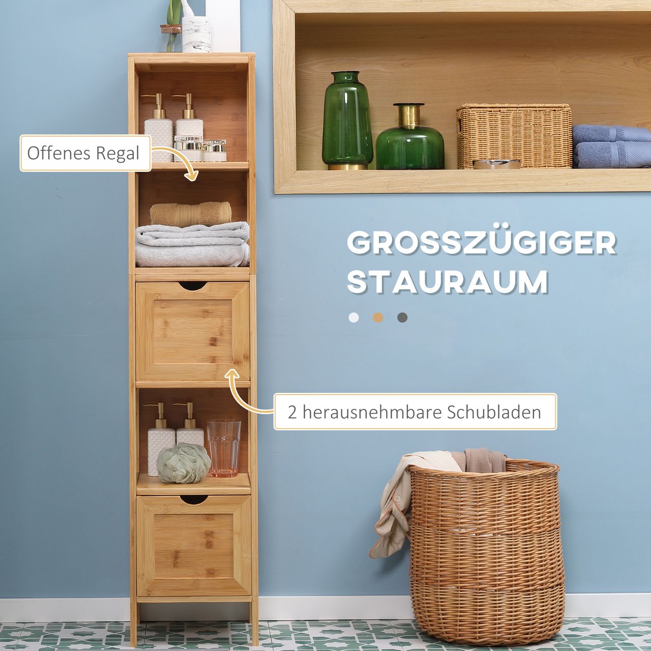 kleankin Badezimmerschrank, Beistellschrank aus Bambus, Hochschrank, Kippschutz