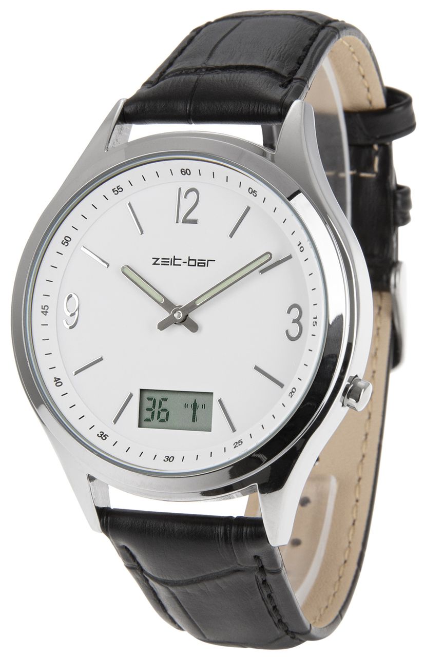 Zeit-Bar Funk-Armbanduhr Metall-Gehäuse, Leder-Uhrband