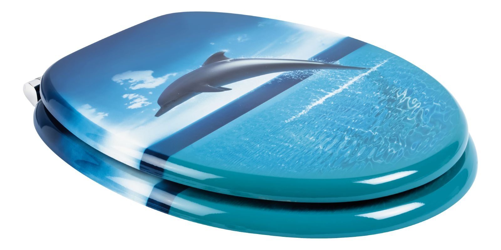 Calmwaters WC-Sitz Motiv Delfine & Fische , Motiv Delfin, Holzkern, Absenkautomatik, Montage von unten, 26LP2835