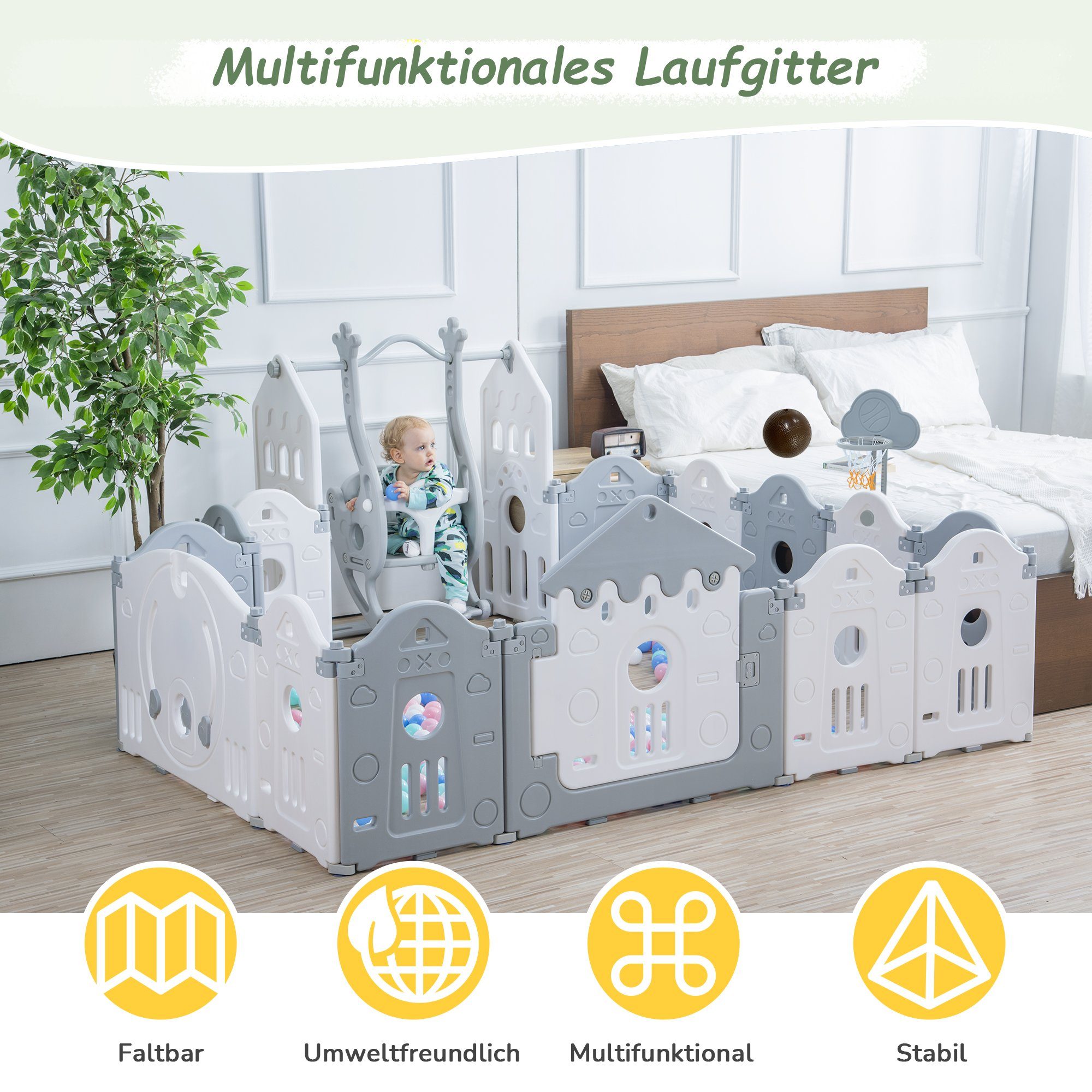 BlingBin Laufgitter Baby Laufstall Faltbar 160x160x77cm Laufställe Schutzgitter (14 Paneele Set, 14-tlg), mit Tür & Basketballkorb & Kinderschaukel