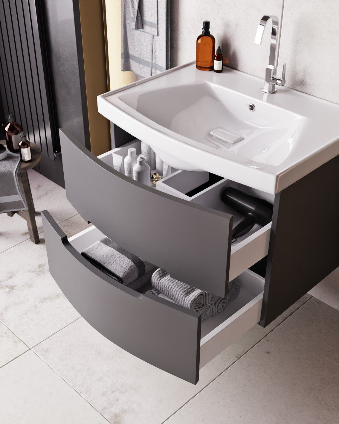 Karen Badmöbel-Set Royal, (Komplett-Set, 3-Teilig (Unterschrank, Spiegelschrank, Waschbecken), 3-St., Unterschrank mit Schubladen, Spiegelschrank mit Türen & Regalen), Geschwungenes Design, Acryl-Beschichtung, Softclose, Griffmulden