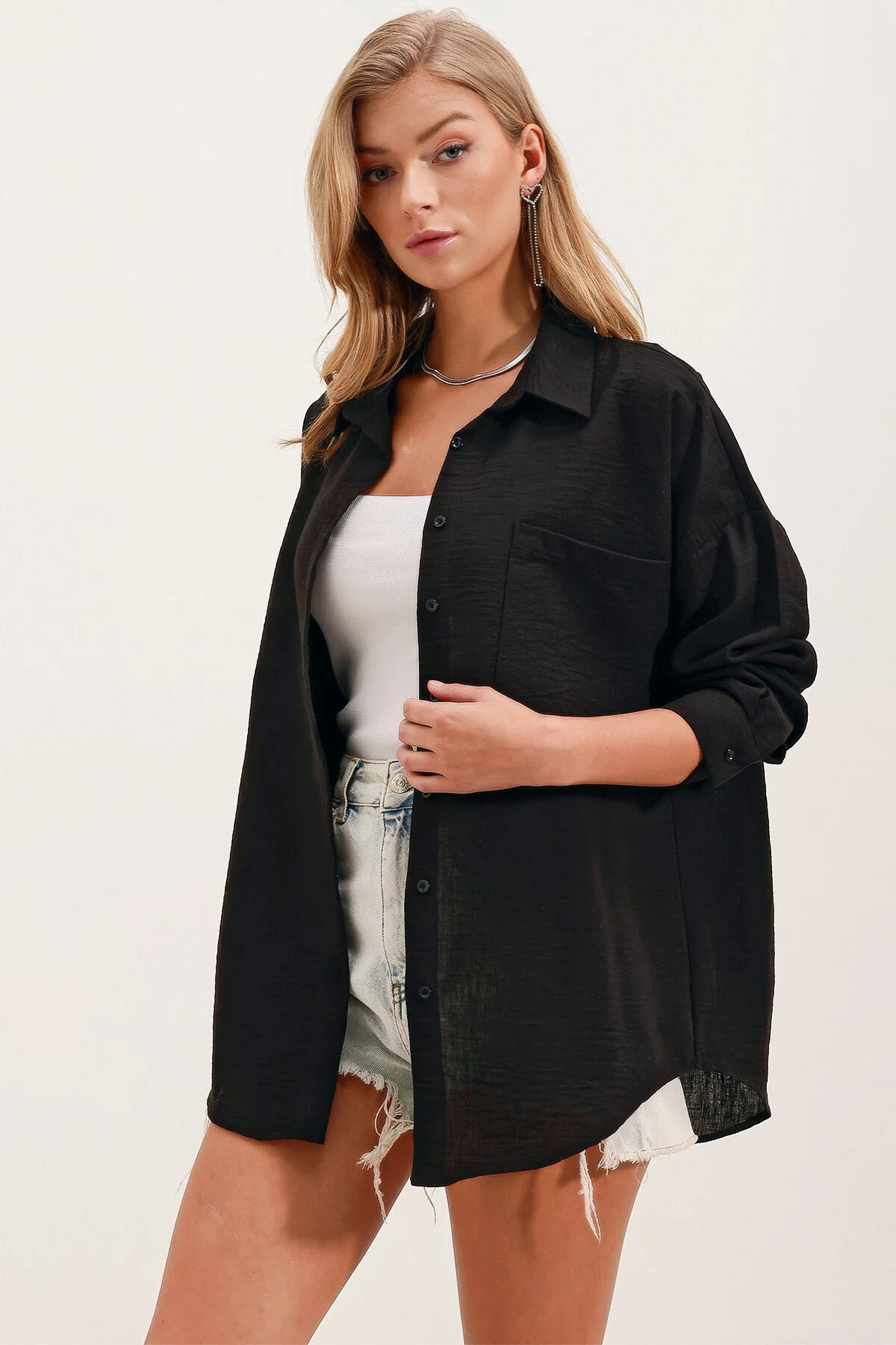 Bigdart  20153 Oversize-Leinenhemd mit einer Tasche – Schwarz