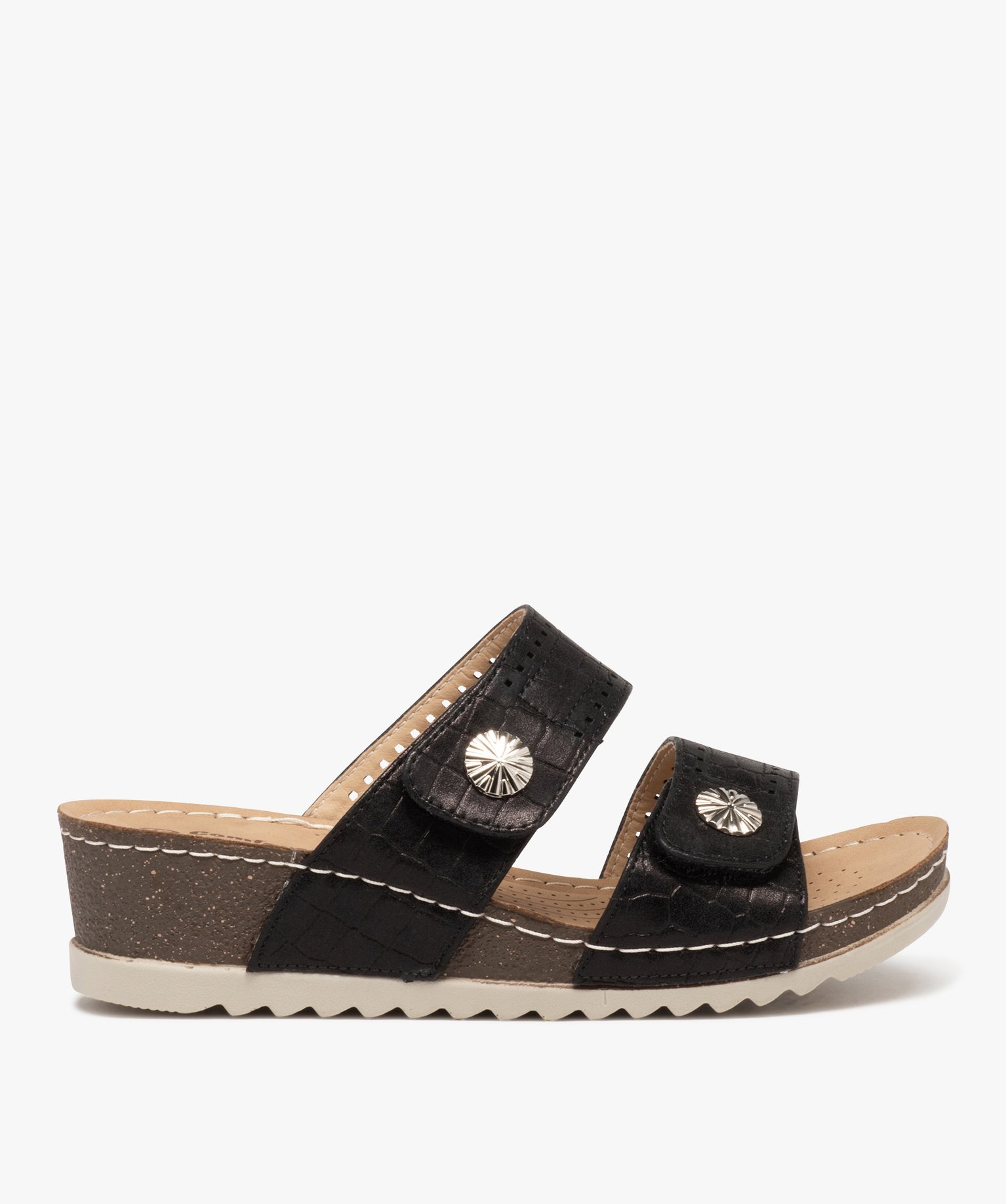 Mules femme confort à talon compensé et brides fantaisie noir | GEMO