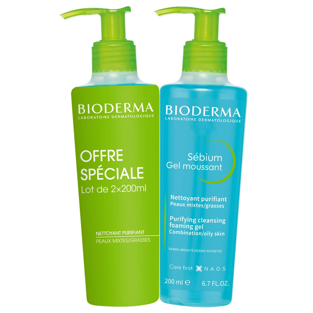 Bioderma SÉBIUM Gel moussant, lot de 2 nettoyants visage pour peaux mixtes à grasses Gel/nettoyant