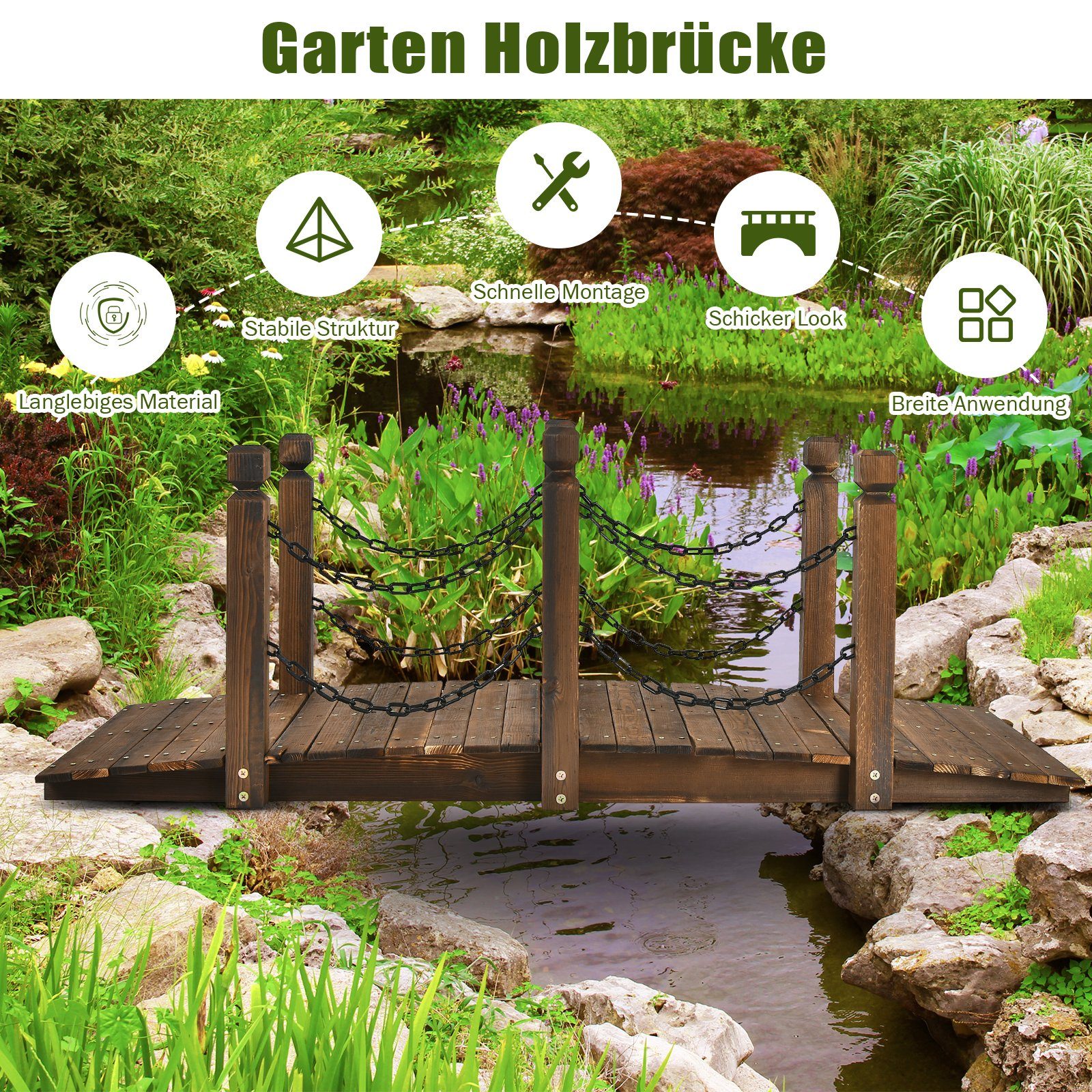 COSTWAY Zierbrücke, Gartenbrücke belastbar bis 120kg, 151 x 67 x 55cm