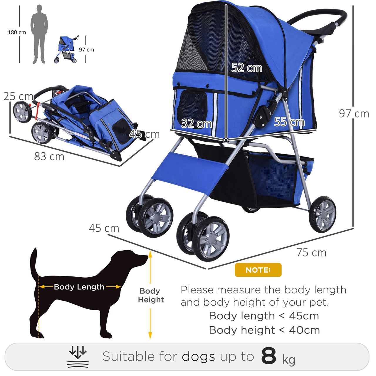PawHut Hundewagen Hundebuggy Pet Stroller Hunde Buggy mit 4 Rolle in 4 Farben