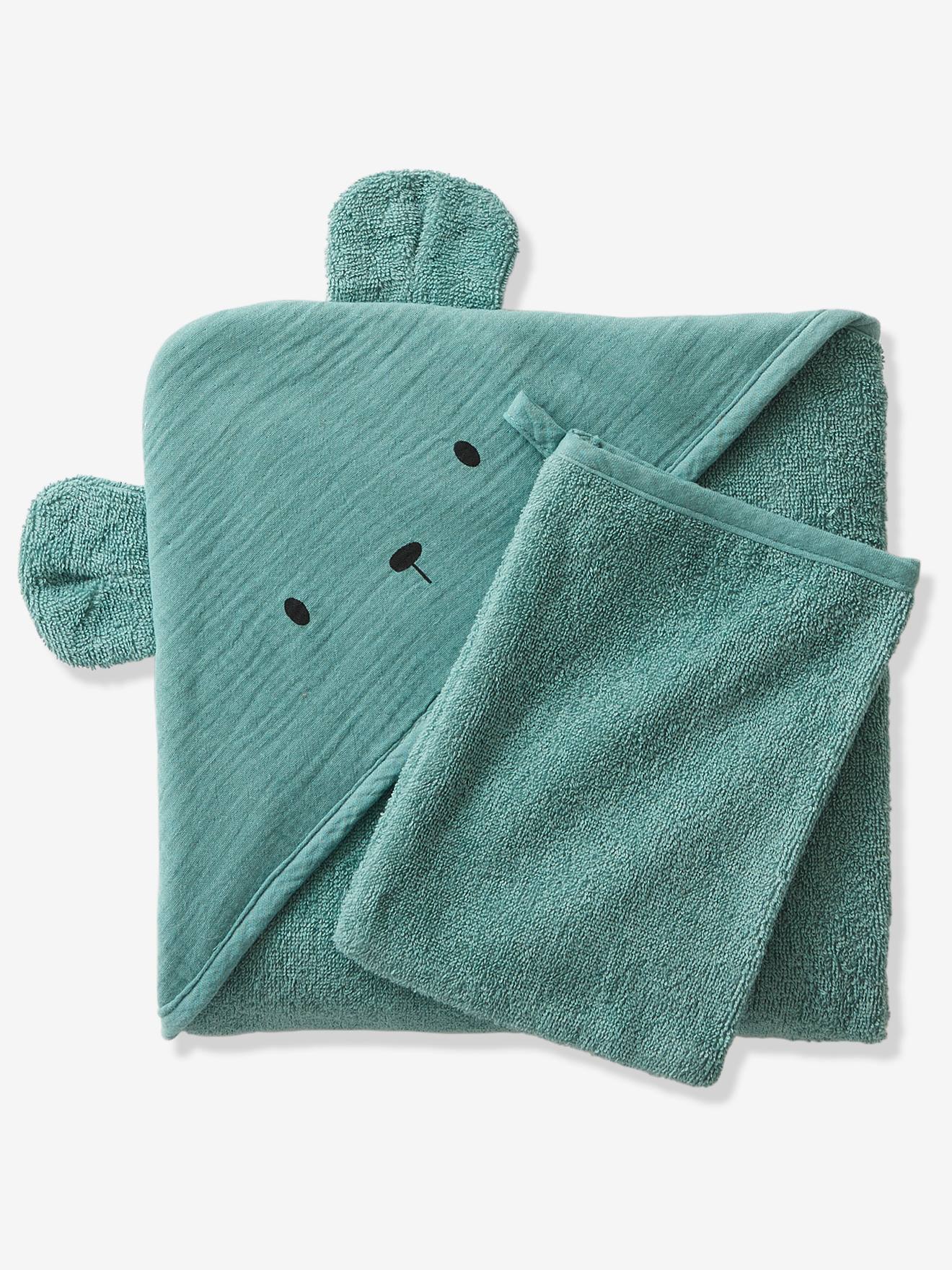 Vertbaudet Bio-Kollektion: Baby Kapuzenbadetuch & Waschhandschuh - senfgelb