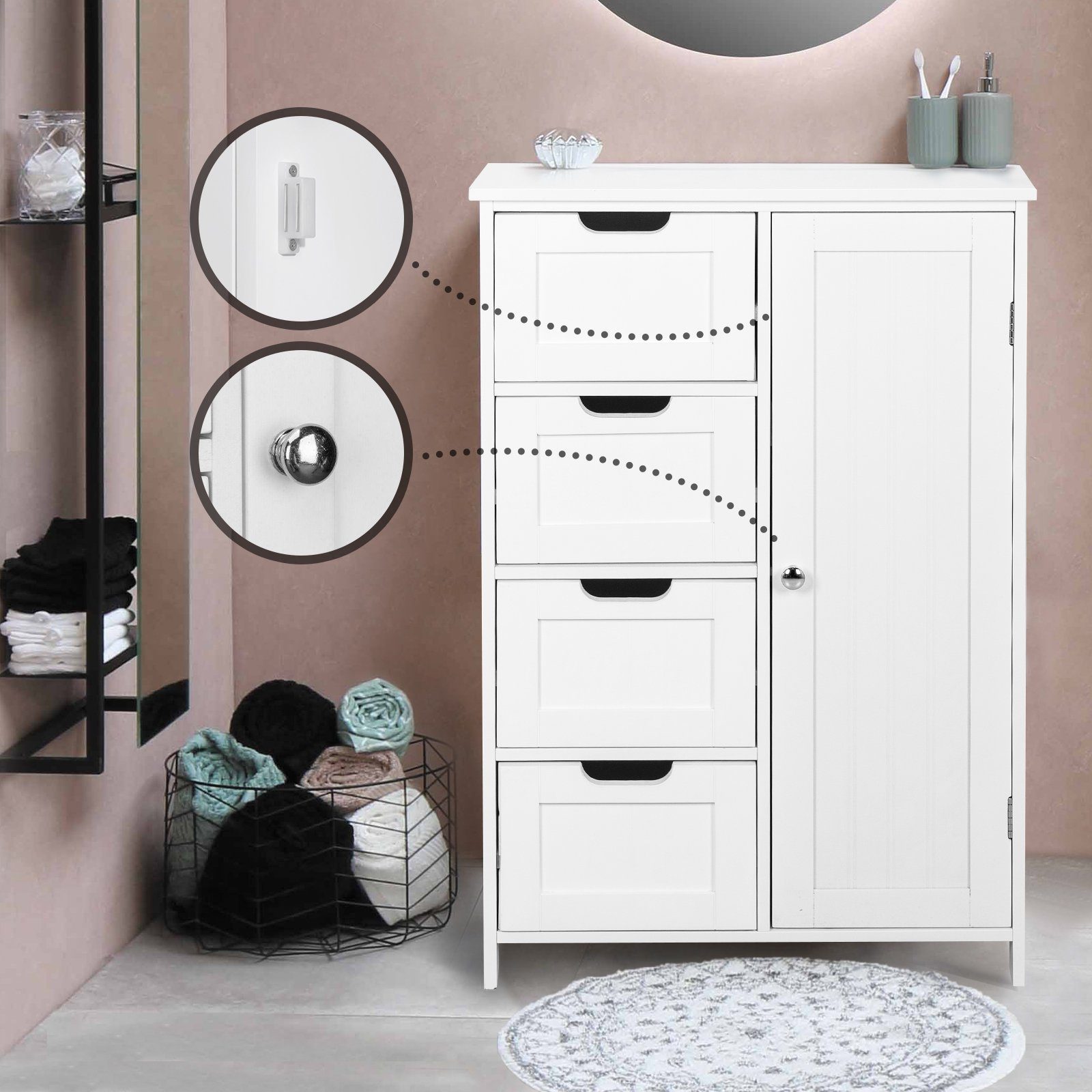 MIADOMODO Badkommode Badezimmerschrank - Weiß, MDF, Verstellbare Regalebenen, 55x30x82cm