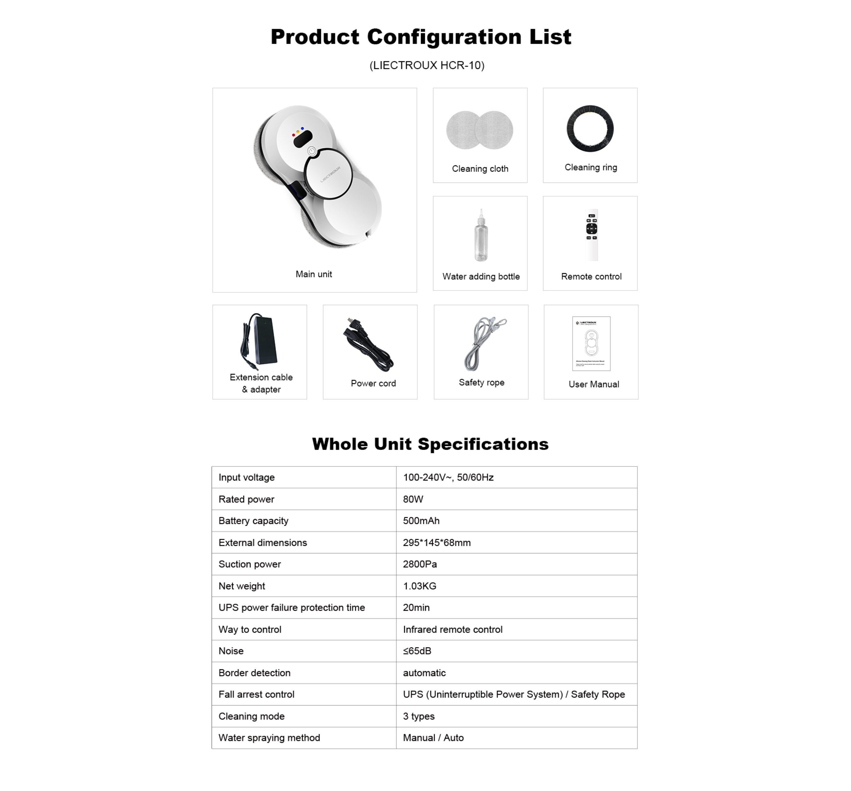 LIECTROUX Fensterreiniger Elektrischer HCR-10-Fensterreiniger für den Haushalt mit Fernbedienung, 80 W, 5600 PA Saugkraft, 500 mAh UPS Grenzerkennung, Absturzsicherung