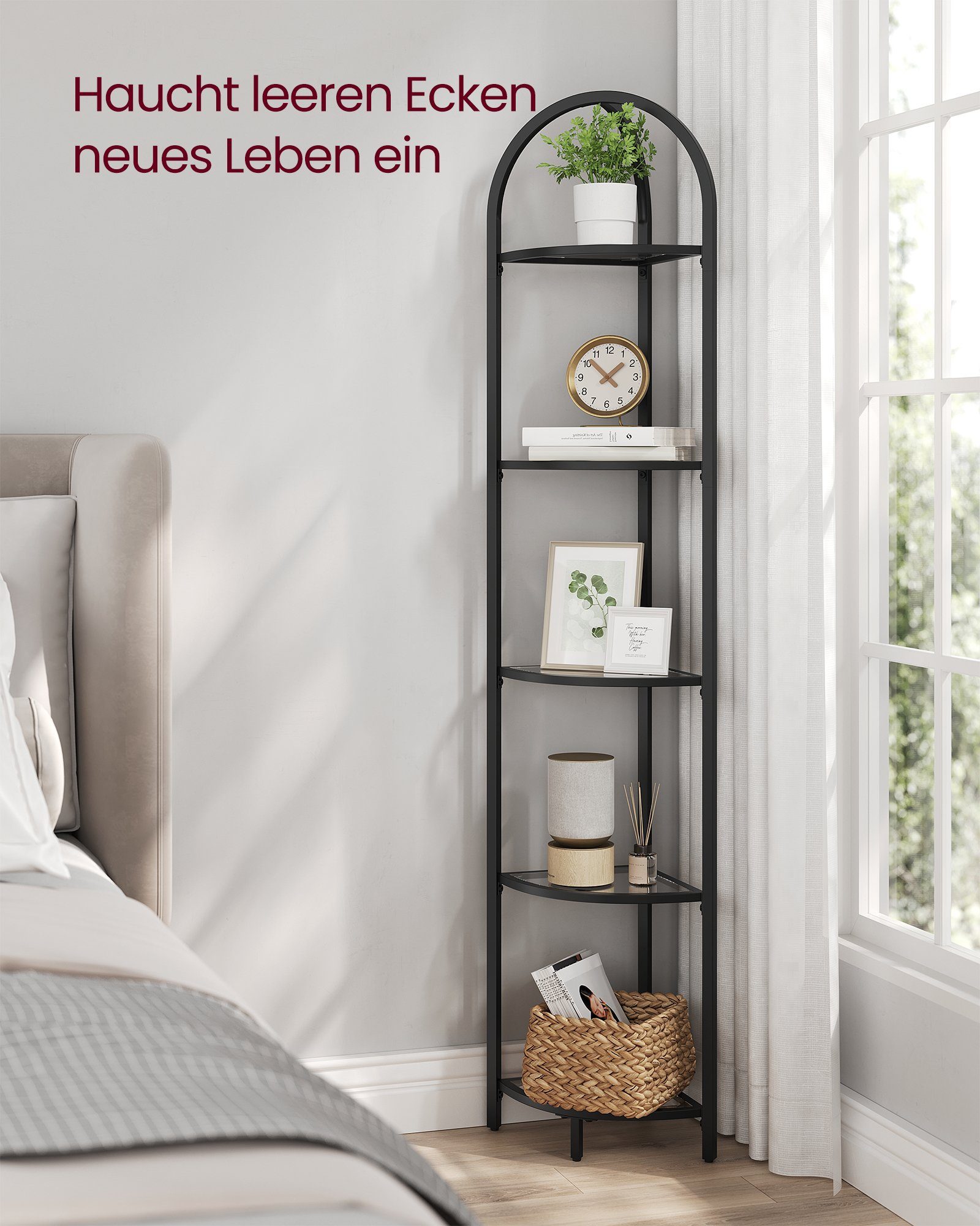 VASAGLE Eckregal, Standregal mit 5 Etagen, Metall, Hartglas
