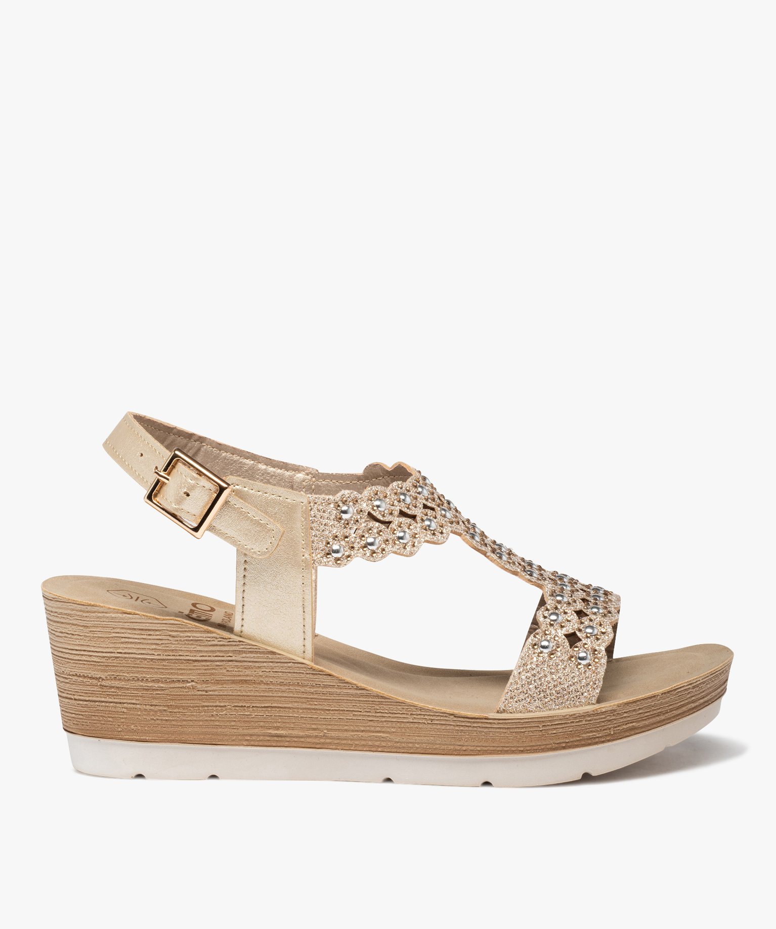 Sandales femme compensées ornées de strass et de perles or | GEMO