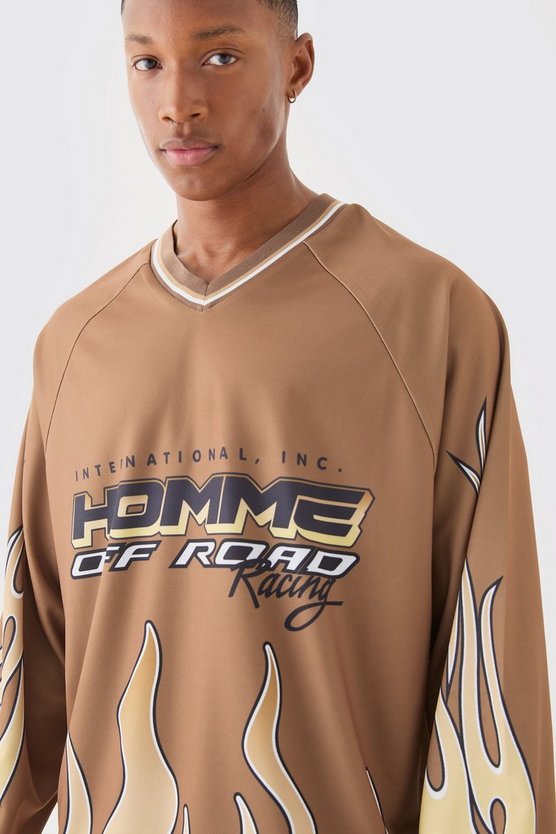 Langärmliges Mesh T-Shirt mit Homme Flammen-Print