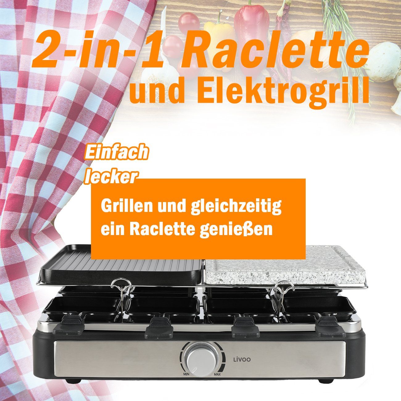 LIVOO Raclette LIVOO Raclette Grill für 8 Personen Tischgrill Raclettegrill DOC258, 8 Raclettepfännchen, 1400,00 W, Raclettepfännchen, Holzspatel, 2 abnehmbare Grillplatten, Drehregler