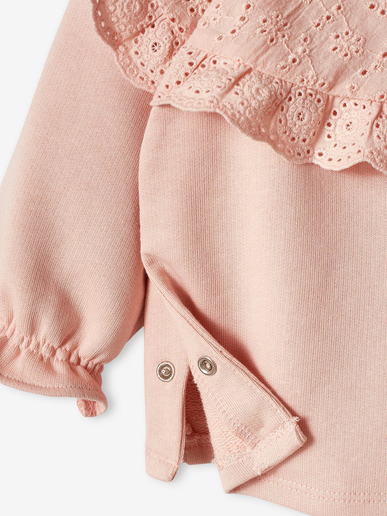 Sweat bébé encolure en broderie anglaise rose poudré