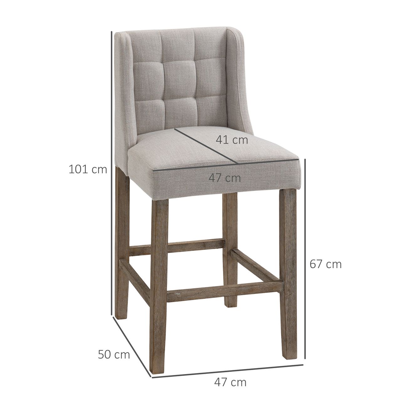 HOMCOM 2er-Set Barhocker moderne Küchenstühle Bistrohocker Barstühle für Küche mit Rückenlehne Tresenhocker Leinen-Touch Gummiholz Beige 47 x 50 x 101 cm