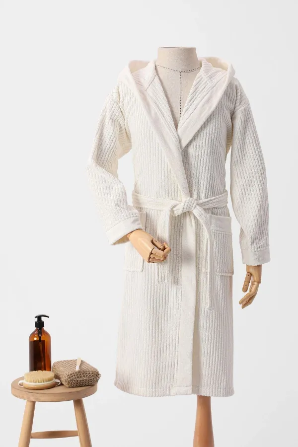 FAVORA  Nurpak Ekol Single-Bademantel aus Baumwolle mit Kapuze, Unisex, Creme