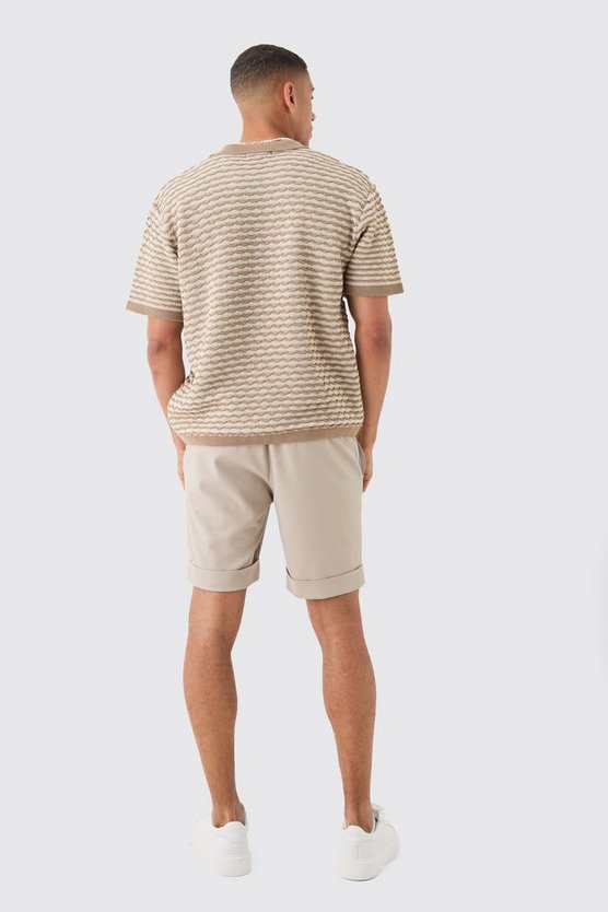 Kastiges strukturiertes Oversize Strick-Poloshirt mit Streifen