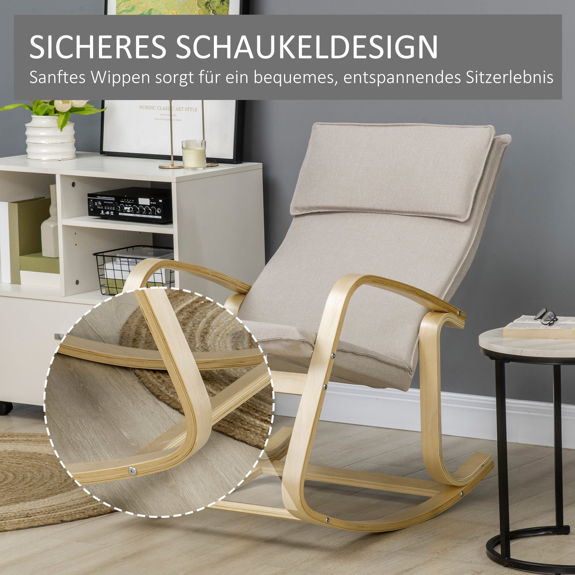 HOMCOM Schaukelstuhl aus Birkenholz 67 cm x 95 cm x 95 cm Grau + Natur (Set, 1 St), aus Holz