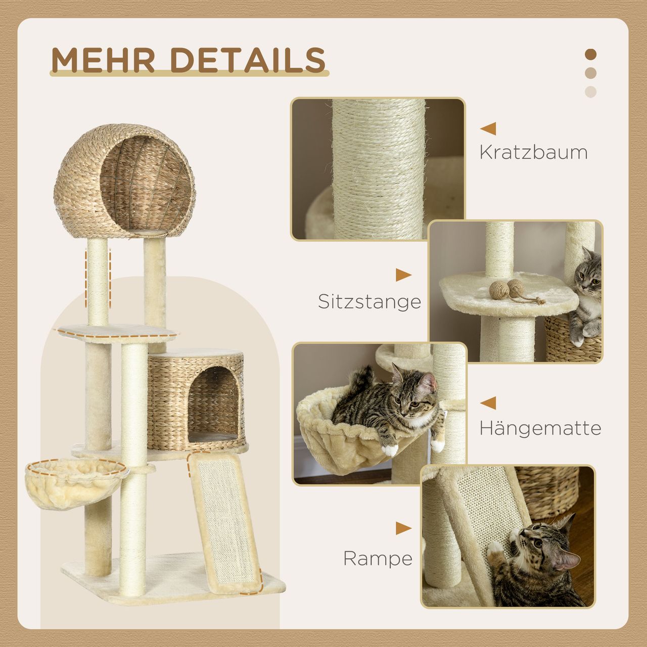 PawHut Kratzbaum, Kletterbaum mit Katzenhaus, Katzenbaum mit Rampe, Spielbaum