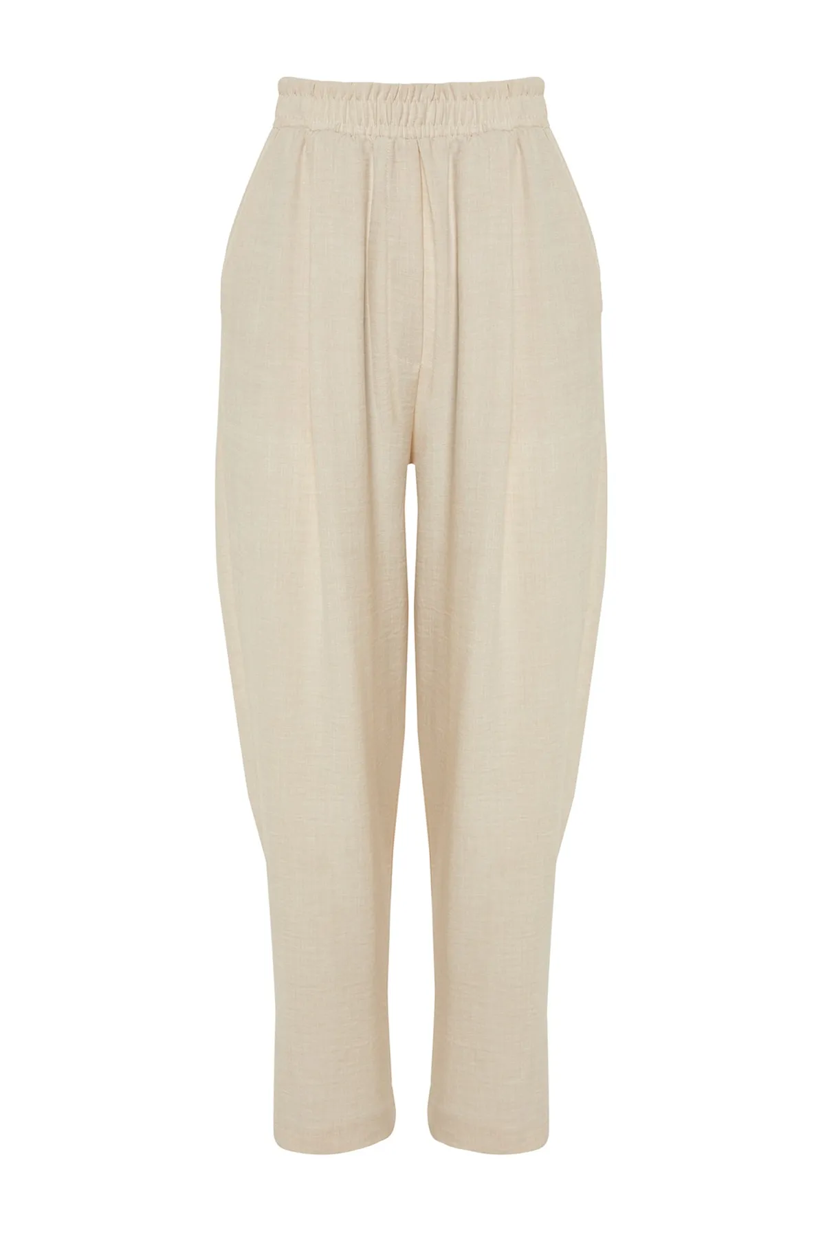 Trendyol Modest  X Kevser Sarıoğlu Beige gewebte Hose mit elastischem Bund TCLSS23TP00007