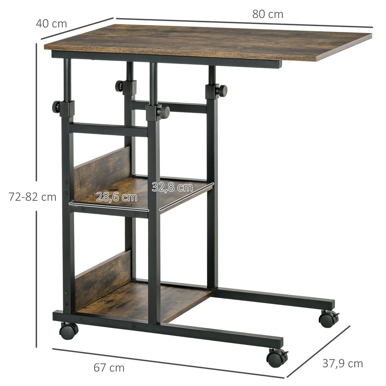 HOMCOM Beistelltisch Couchtisch mit Rollen höhenverstellbar 2 untere Regale