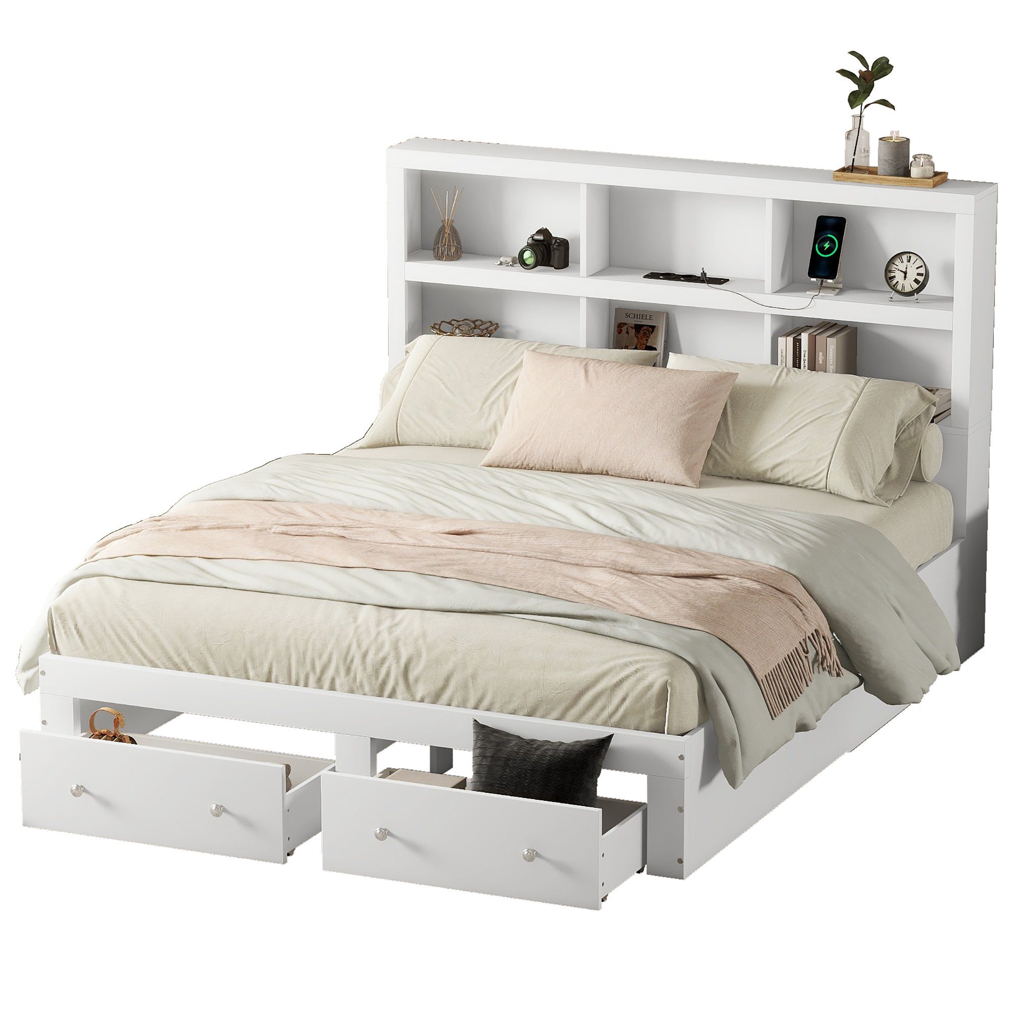 HAUSS SPLOE Holzbett Doppelbett Bettgestell Kinderbett Gästebett (Holzbett mit zwei Schubladen und Kopfteil mit Lagerregal), 160*200cm, Weiß