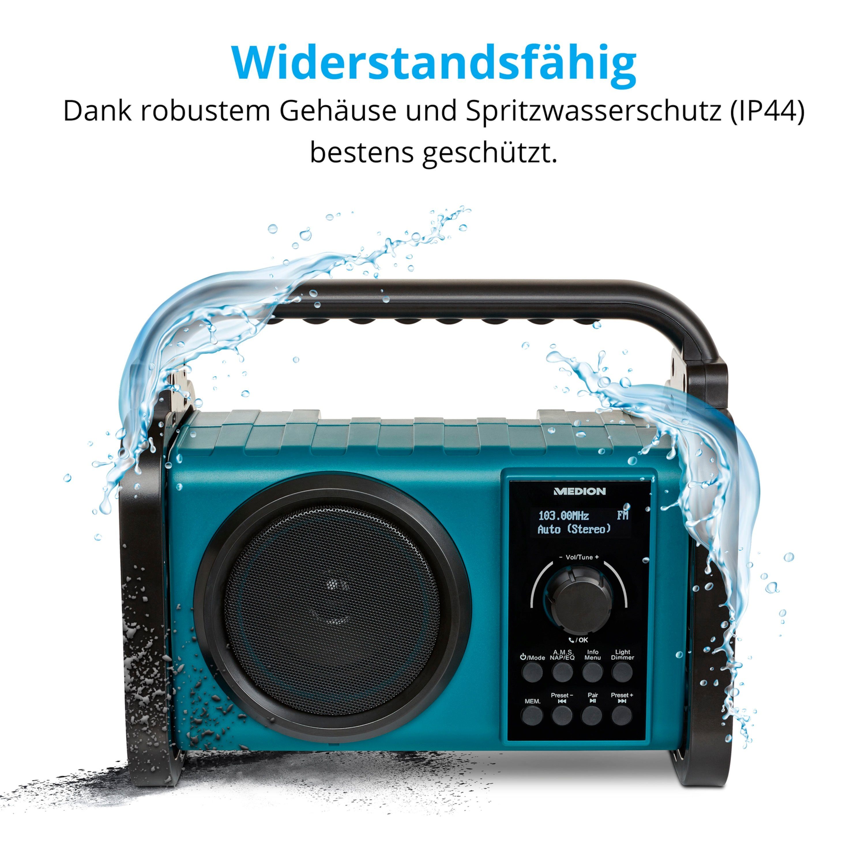 Medion® E66877 Baustellenradio, LC-Display, Bluetooth, IP44, LED-Licht Baustellenradio (AM/FM, MW/UKW, DAB+, 5 W, MD43877)