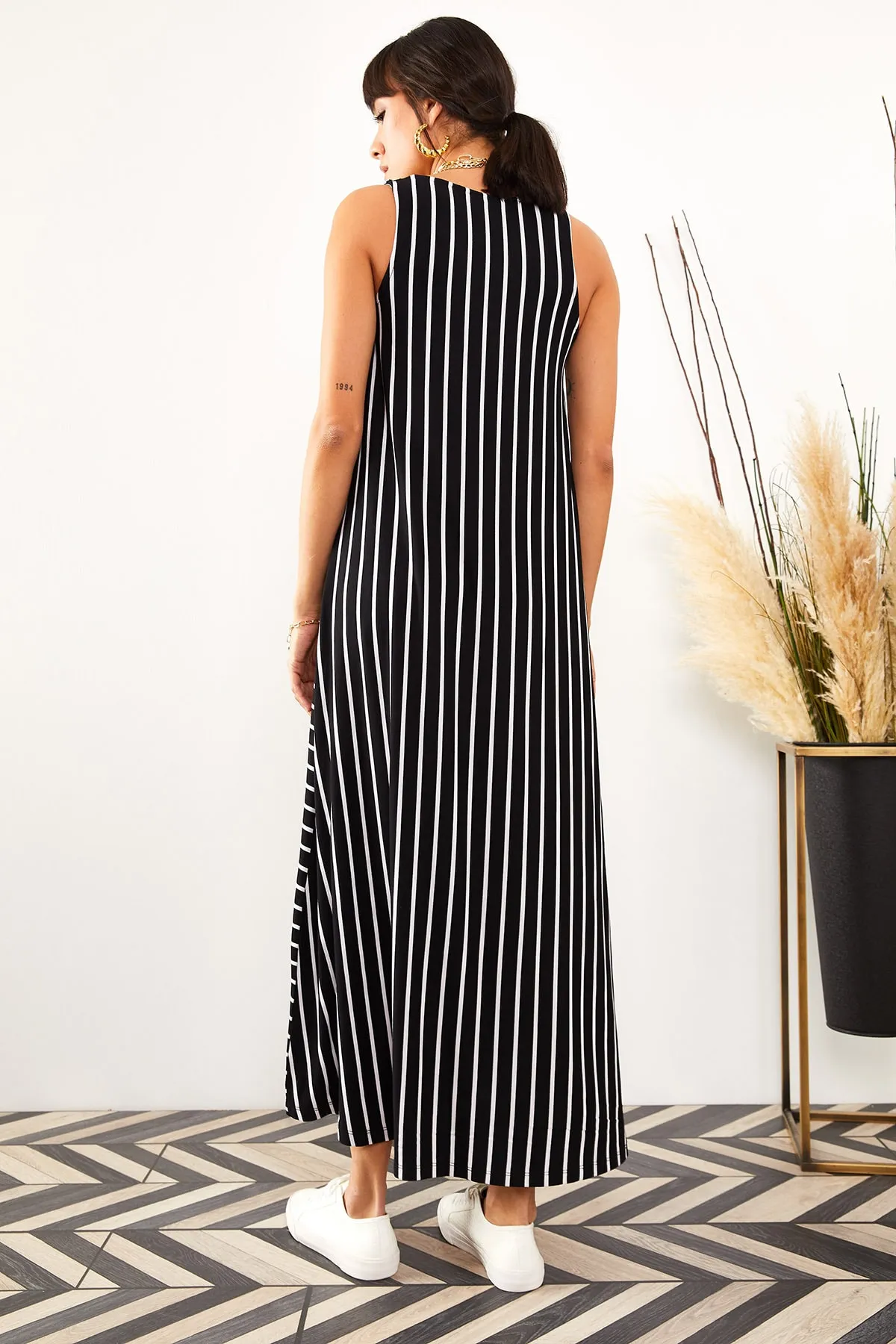 Olalook  Schwarzes gestreiftes langes Freizeitkleid für Damen ELB-19001075