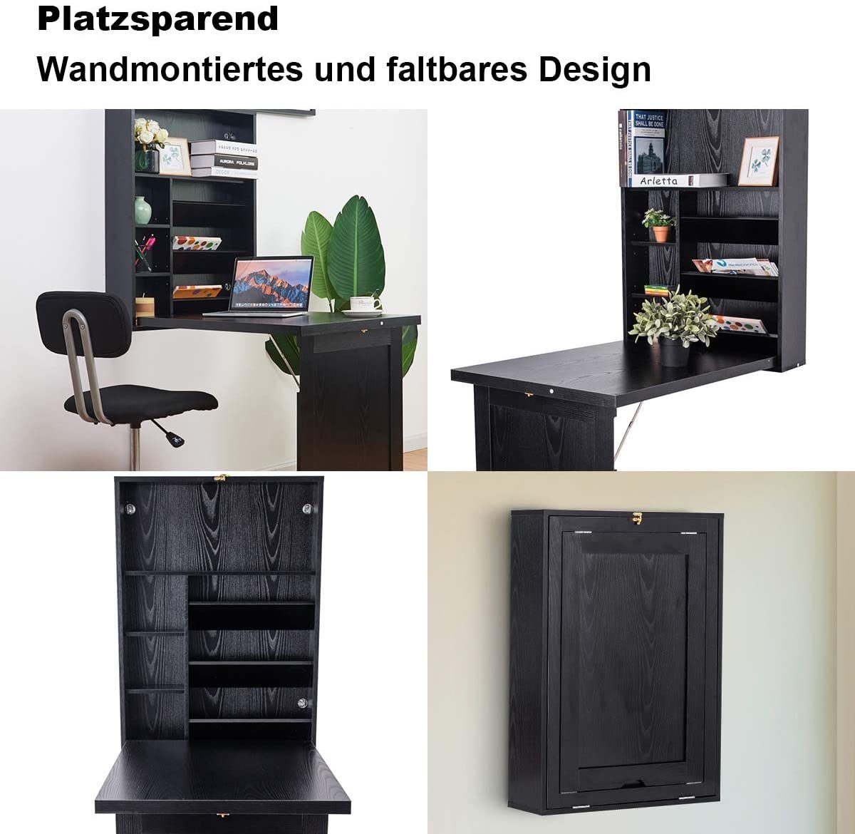 COSTWAY Bartisch, Wandklapptisch mit 2 höhenverstellbaren Regalen klappbar