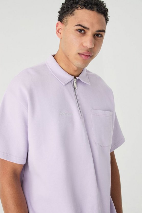 Besticktes Oversize Poloshirt mit 1/4 Reißverschluss & Shorts