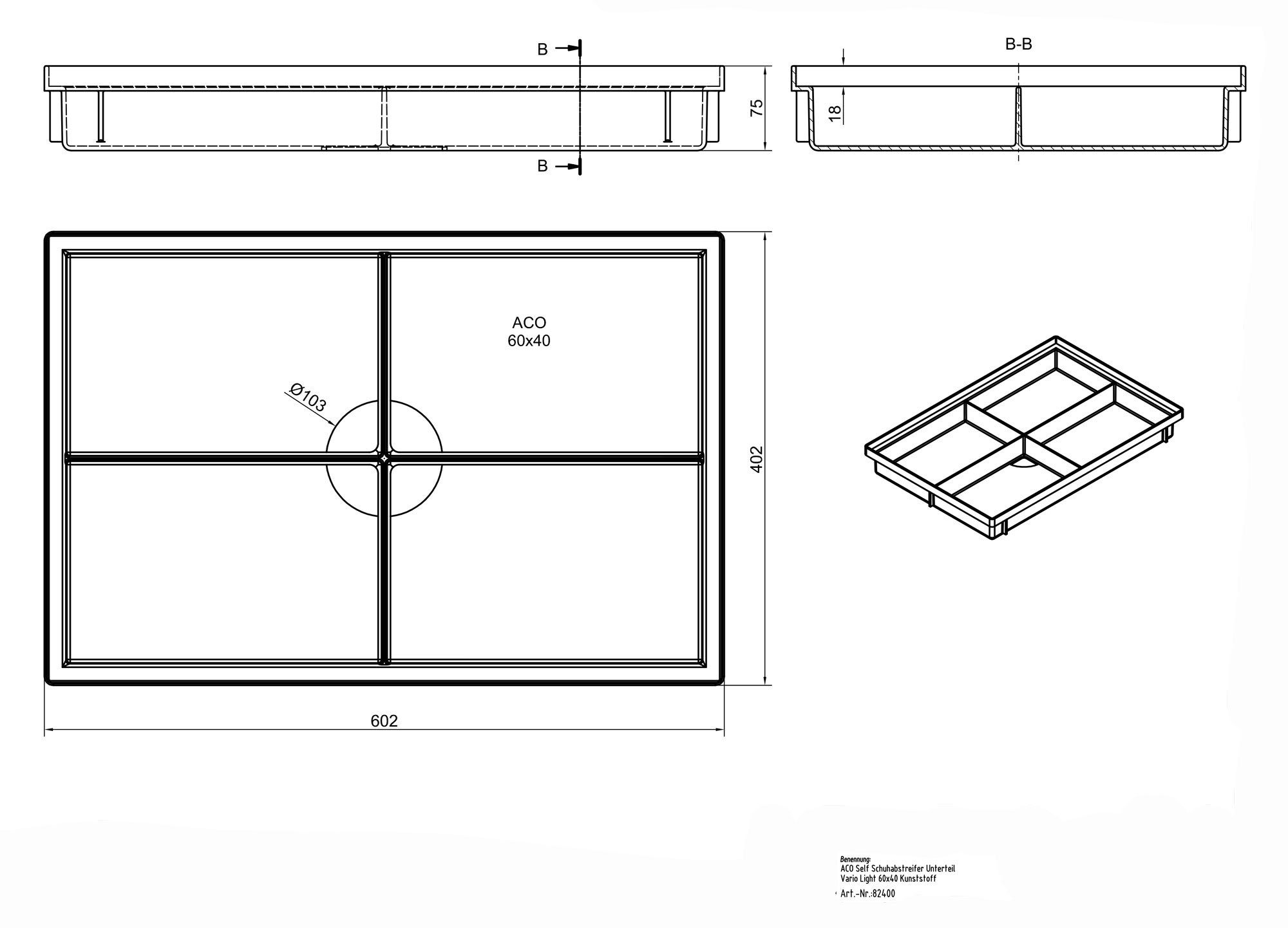 Fußmatte ACO 600x400x75mm Bodenwanne Self Vario Light für Schuhabstreifer Wanne Einlaufkasten Fußmatte, ACO Severin Ahlmann GmbH & Co. KG, rechteckig, Höhe: 75 mm, mit intergrierter umlaufender Kunststoffzarge