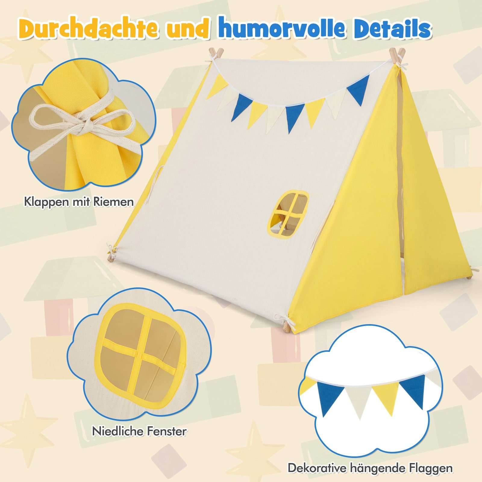 COSTWAY Tipi-Zelt Kinder Spielzelt, Personen: 2, 137 x 145 x 121 cm