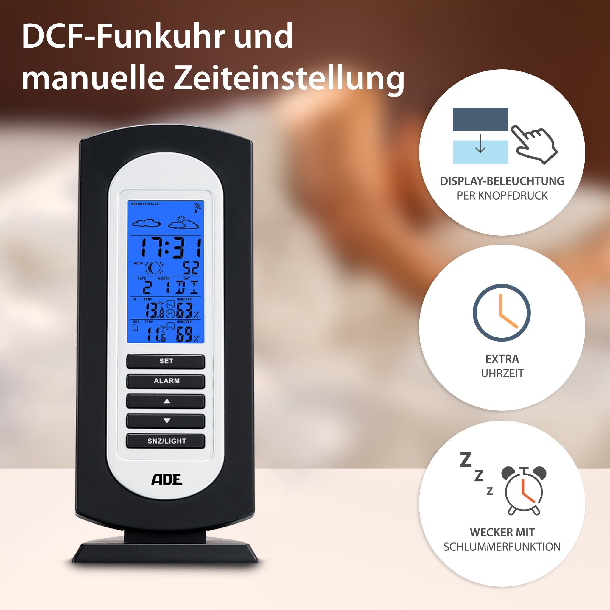 ADE Wetterstation Funk mit Außensensor, mit Vorhersage Funkwetterstation (mit Außensensor, Temperatur, Luftfeuchtigkeit, Uhrzeit, Wettervorhersage)