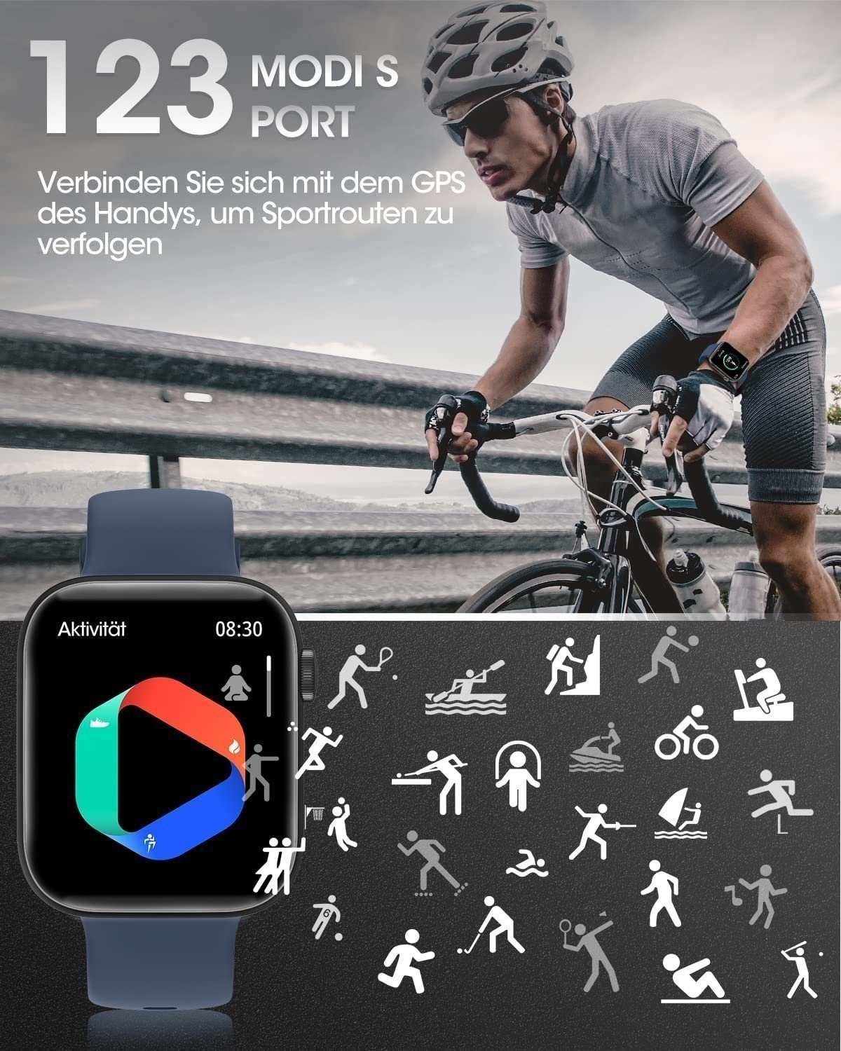 Yuede Smartwatch, Fitness Uhr mit Anruffunktion für Damen und Herren Smartwatch (9h Kratzfestes Voll Touch Display cm/1.8 Zoll) Armbanduhr mit Schrittzähler, Pulsuhr, Blutdruckmessung und Blutzuckermessung(Spo2), Ip67 Wasserdichte Sportuhr mit 120 Tr