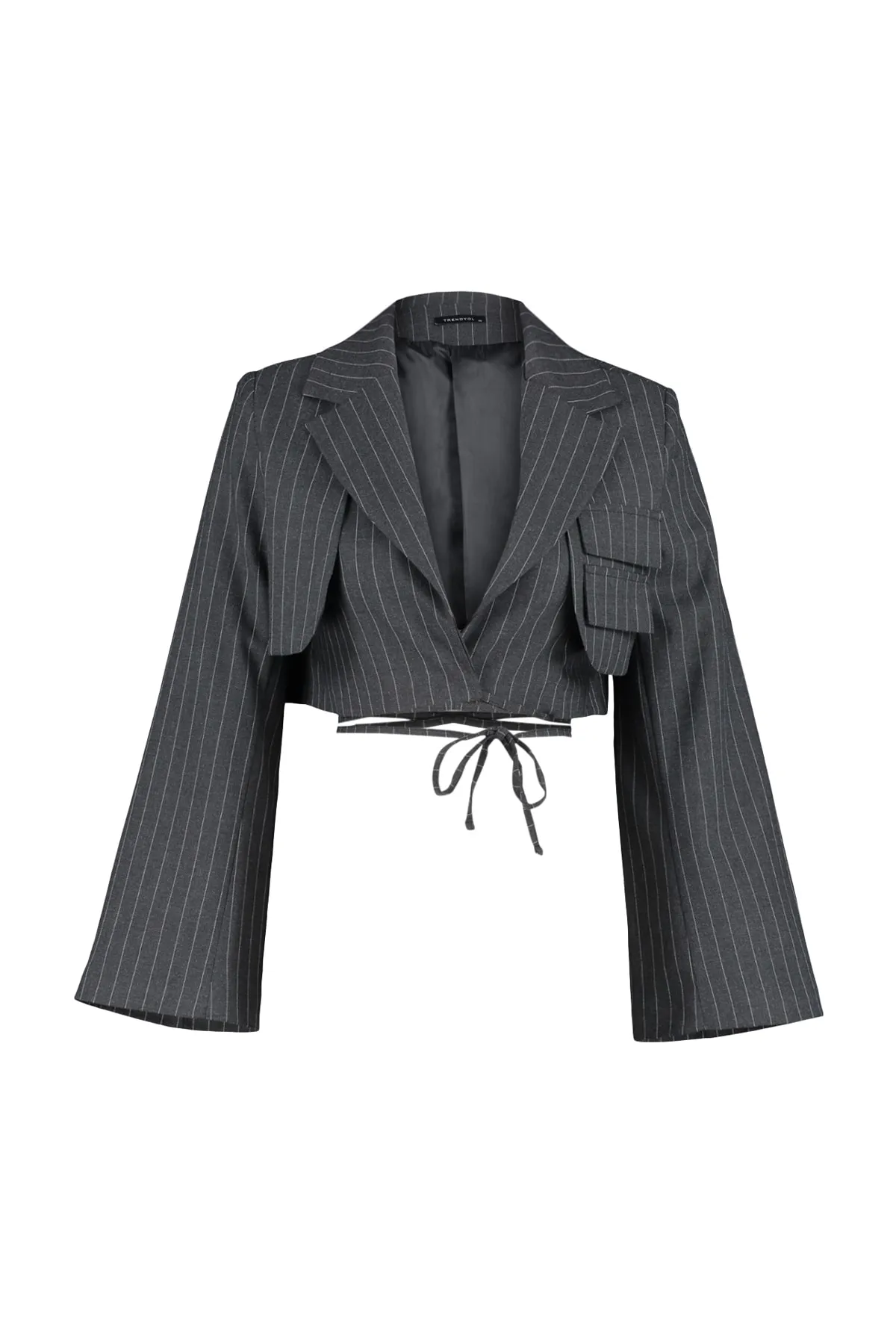 Trendyol Collection  Grauer, bauchfrei gefütterter, zweireihiger Blazer aus gewebtem, gestreiftem Polyviscon TWOSS23BC00123
