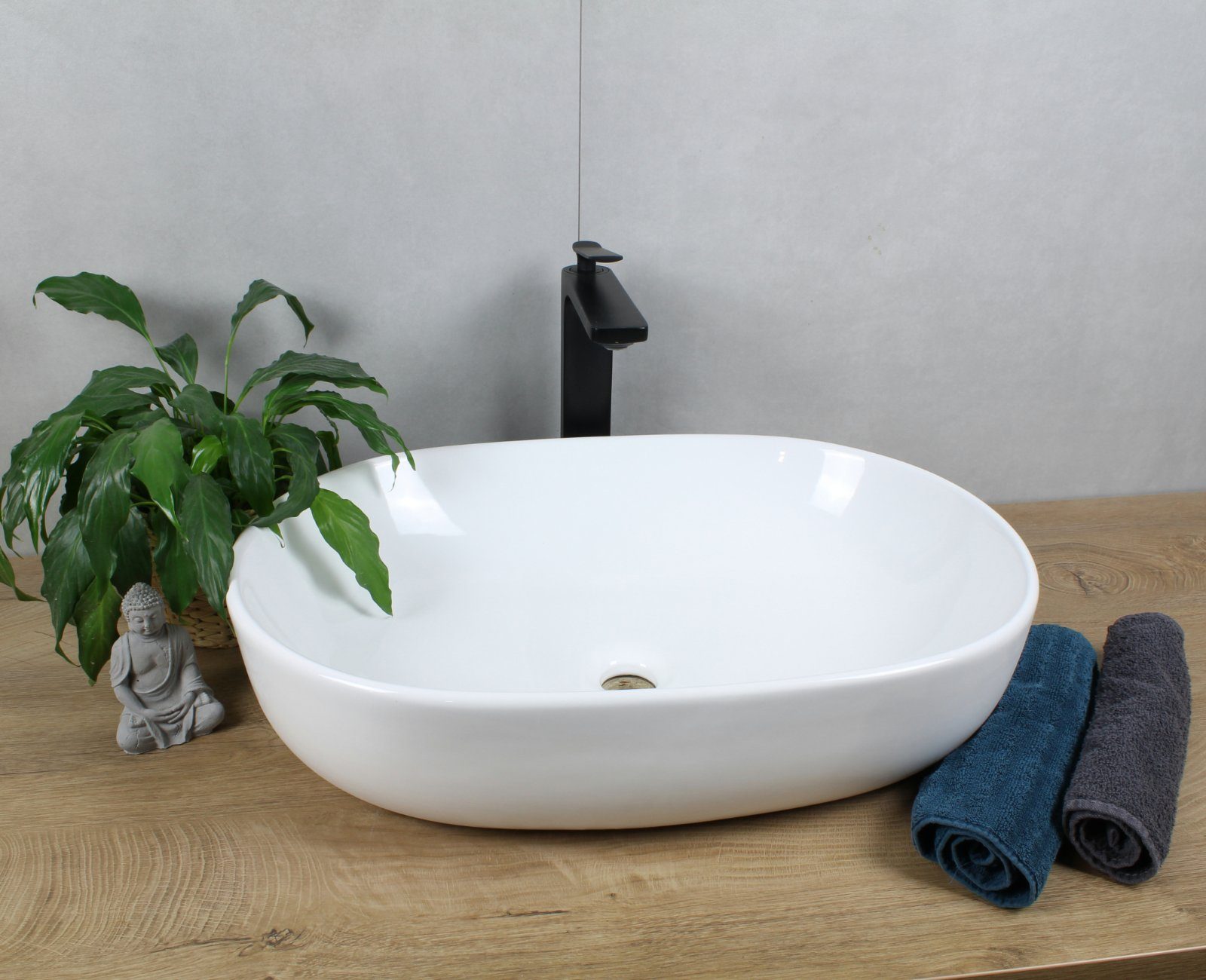 HAGO Aufsatzwaschbecken Keramik Waschbecken oval 600x420x145 weiß ohne Überlauf Aufsatzwaschbe