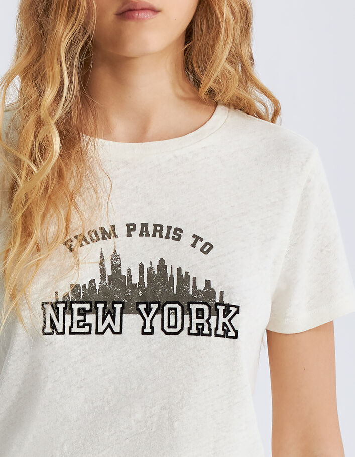 Tee-shirt ivoire en coton et lin à message Femme