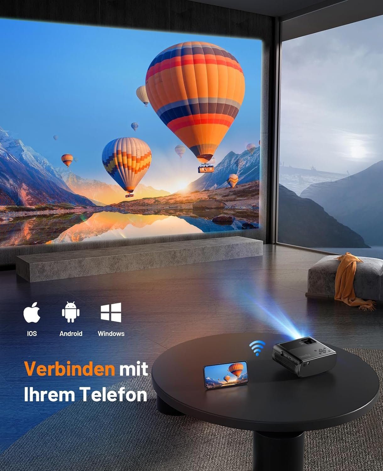 JUNG Mini Tragbarer Beamer Trapezkorrektur 4K 200 ANSI Smart Projektor WiFi Mini-Beamer (10000: 1, 1920 x 1080 px, 4k Heim Kino Full HD Smart Heimkino Bluetooth Tragbar Mobil Minibeamer)