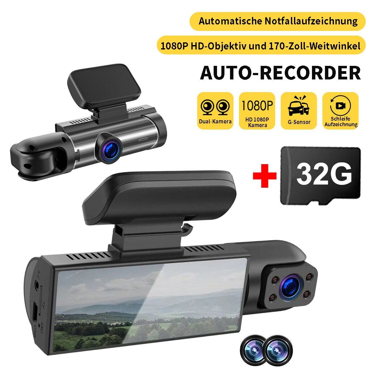 Yoyaxi 32G+ Dual Lens Dash Cam 1080P HD Auto DVR Recorder Vorder Dashcam (und Rückkamera G-Sensor)
