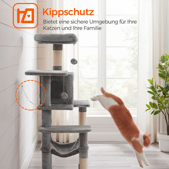 Katzenhaus 143 cm, mit 4 Kratzsäulen, 2 Plattformen, Hängematte und Höhle