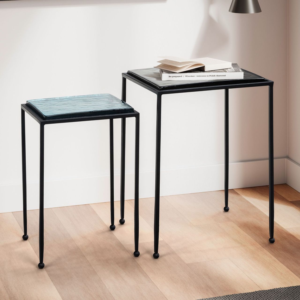 Wohnling Satztisch Glas Metall Blau Schwarz