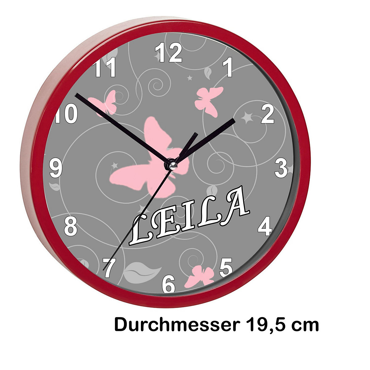Kinder Wanduhr personalisiert mit Name Schmetterling Ornamente pink weiß grau